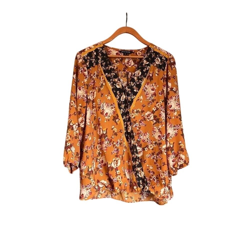 Zac & Rachel Womens XL Mustard Yellow Floral Surplice Blouse 3/4 Sleeve Top